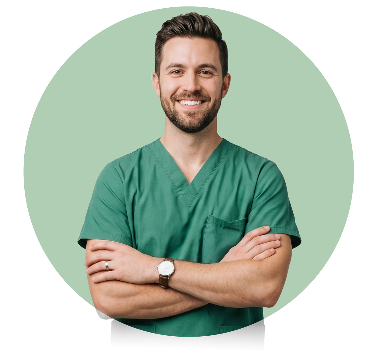 Smiling man in green medical scrubs with arms crossed, portrait on mint green circular background