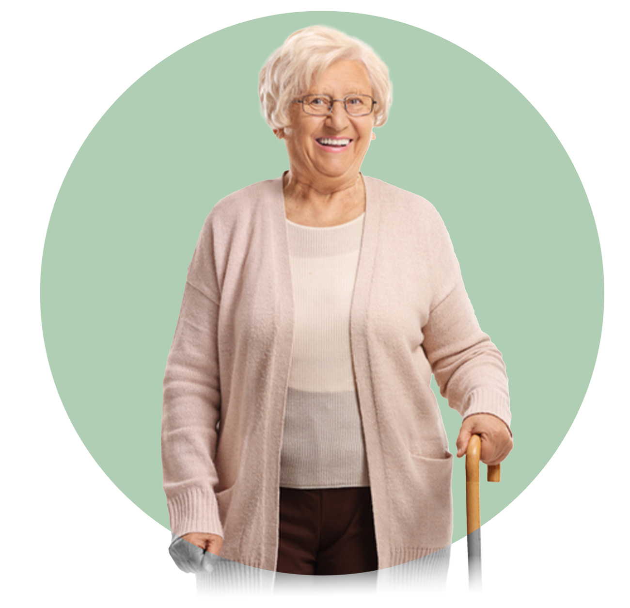 An elderly woman smiling and standing with a cane in a beige cardigan on a soft green geometric background